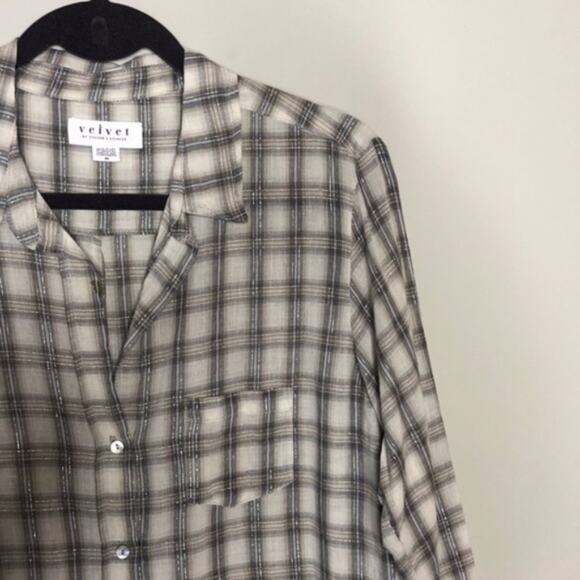 VELVET Grey Metallic Plaid Button Down Top Size M - Picture 4 of 8
